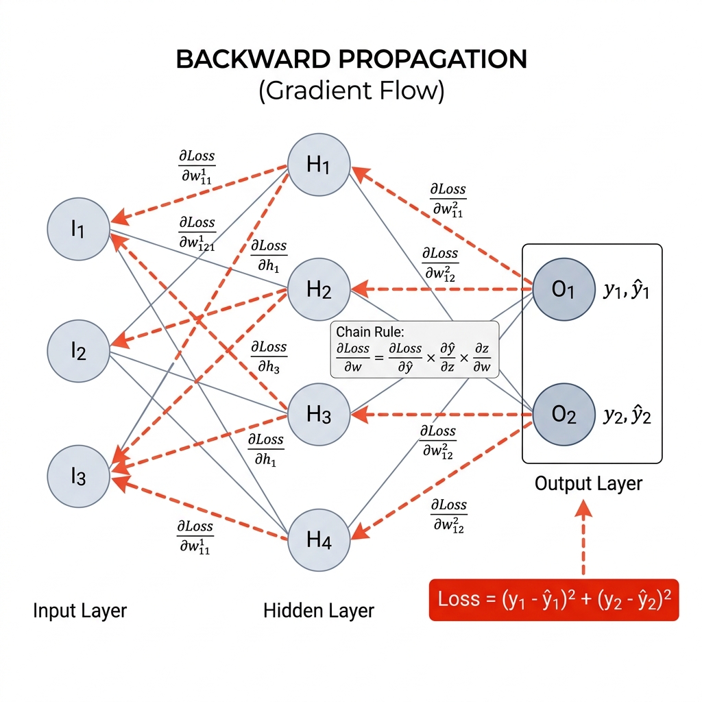 Backward Propagation showing Gradient Flow with Chain Rule